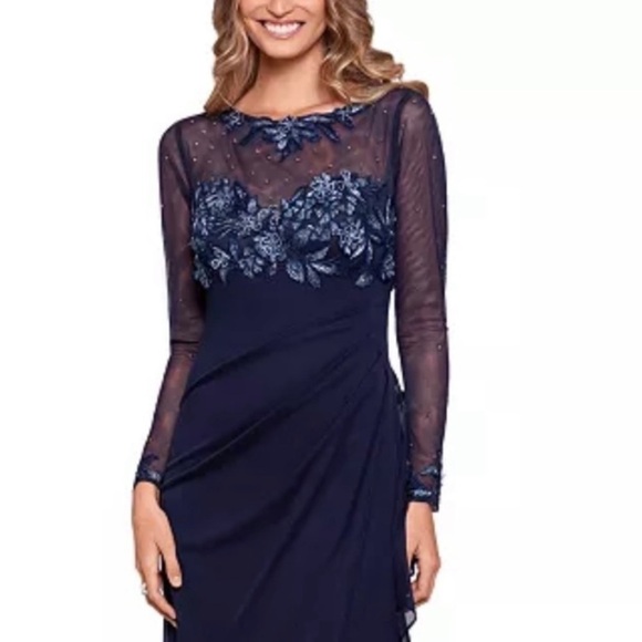 XSCAPE Lace Embroidered Sheer Long Sleeve Gown in Navy Blue - Picture 3 of 11